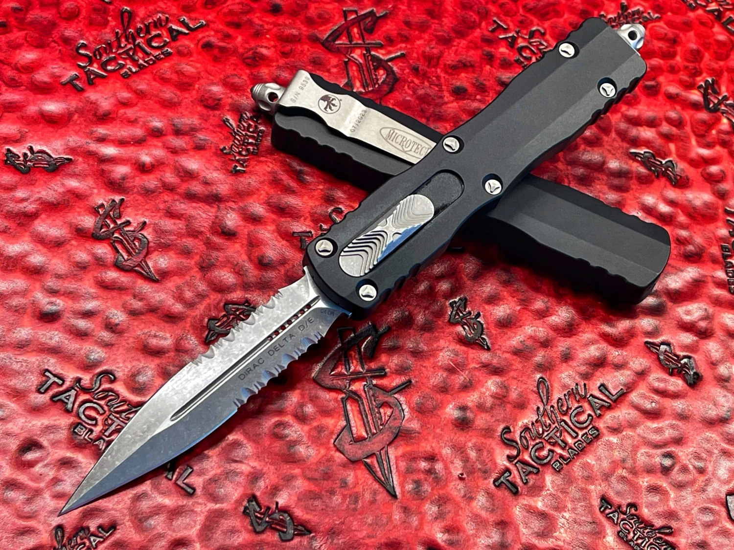 Microtech Dirac Delta Double Edge Apocalyptic Part Serrated OTF Automatic Knife 1 Microtech Dirac Delta Double Edge Apocalyptic Part Serrated OTF Automatic Knife