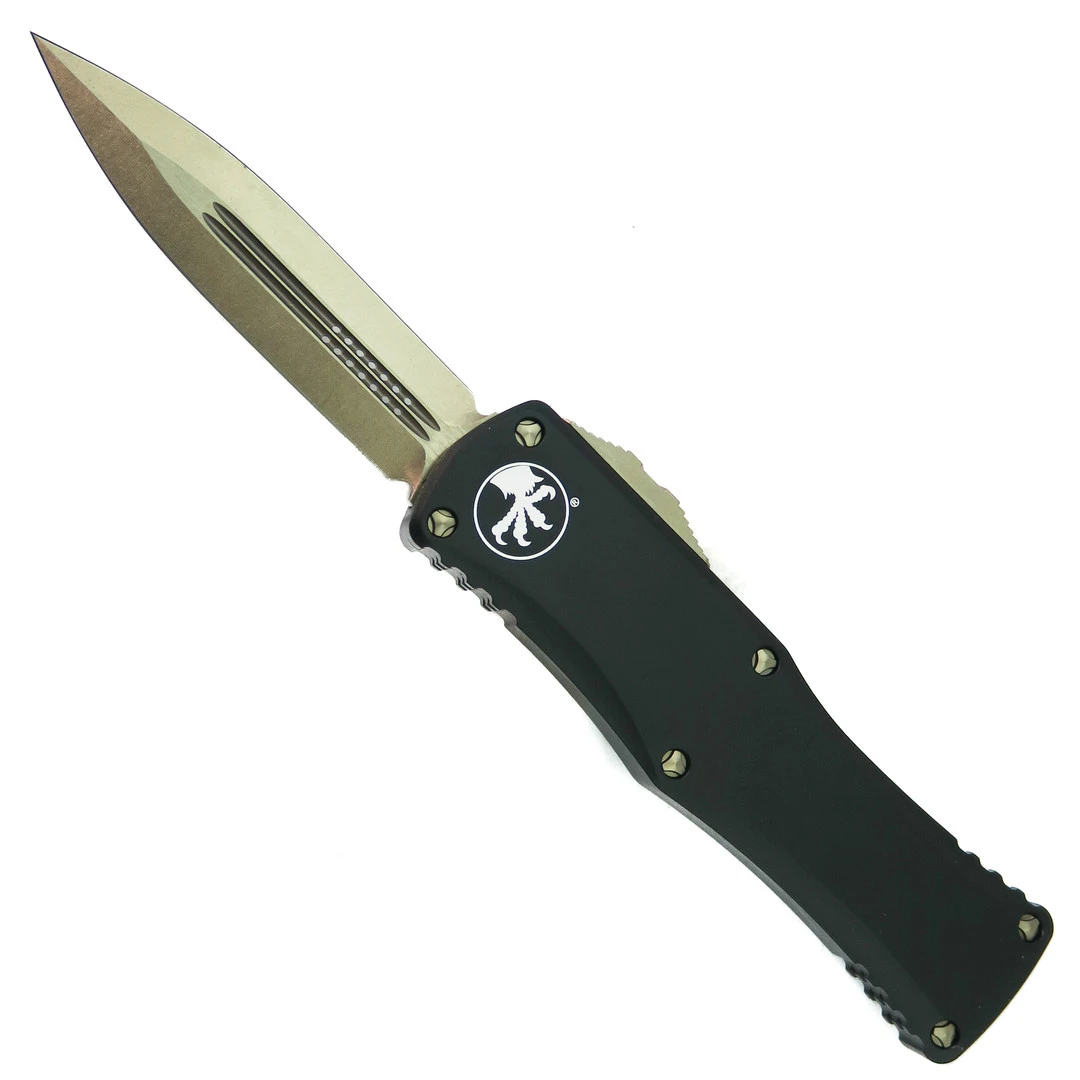 Microtech Black Tactical Hera OTF Knife, Bronze Dagger Blade 1 Microtech Black Tactical Hera OTF Knife, Bronze Dagger Blade