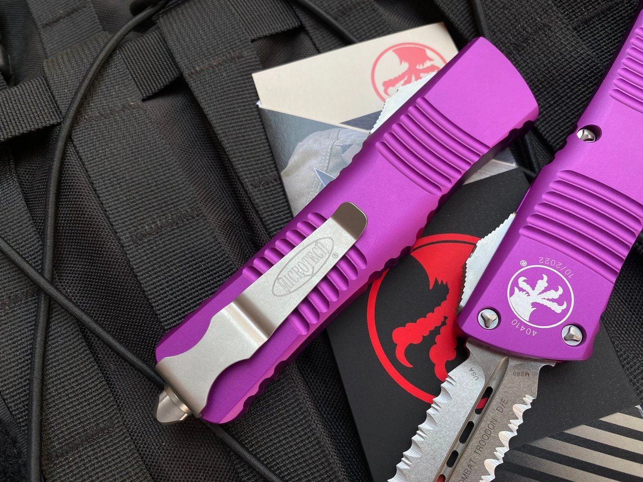 Microtech Combat Troodon D/E Violet Aluminum W/ Stonewashed Partially Serrated Blade (3.75") 142-11VI 2 Microtech Combat Troodon D/E Violet Aluminum W/ Stonewashed Partially Serrated Blade (3.75") 142-11VI - Image 2