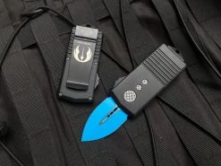 Microtech Exocet D/E Jedi Knight Style Black Aluminum Body W/ Blue Cerakote Plain Edge Blade (1.9") 157-1JK