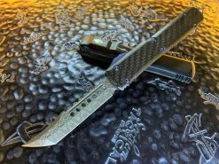 Microtech Ultratech Hellhound Tanto Damascus Standard Carbon Fiber Blue Titanium Accents