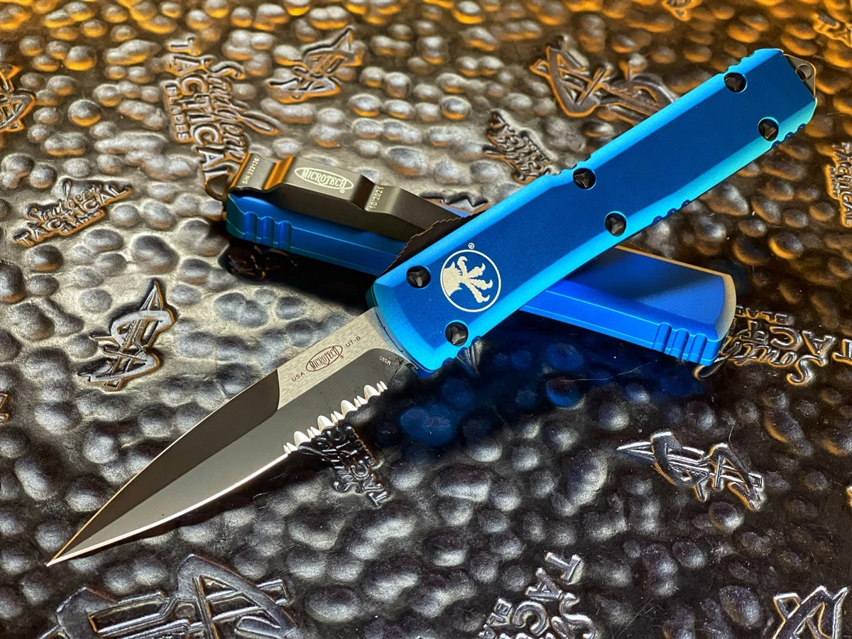 Microtech Ultratech Bayonet OTF Automatic Knife Blue Serrated Standard 1 Microtech Ultratech Bayonet OTF Automatic Knife Blue Serrated Standard
