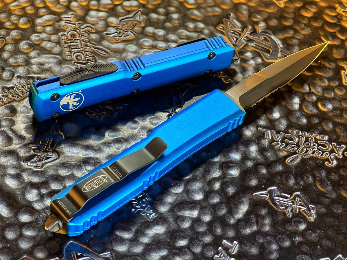 Microtech Ultratech Bayonet OTF Automatic Knife Blue Serrated Standard 2 Microtech Ultratech Bayonet OTF Automatic Knife Blue Serrated Standard - Image 2