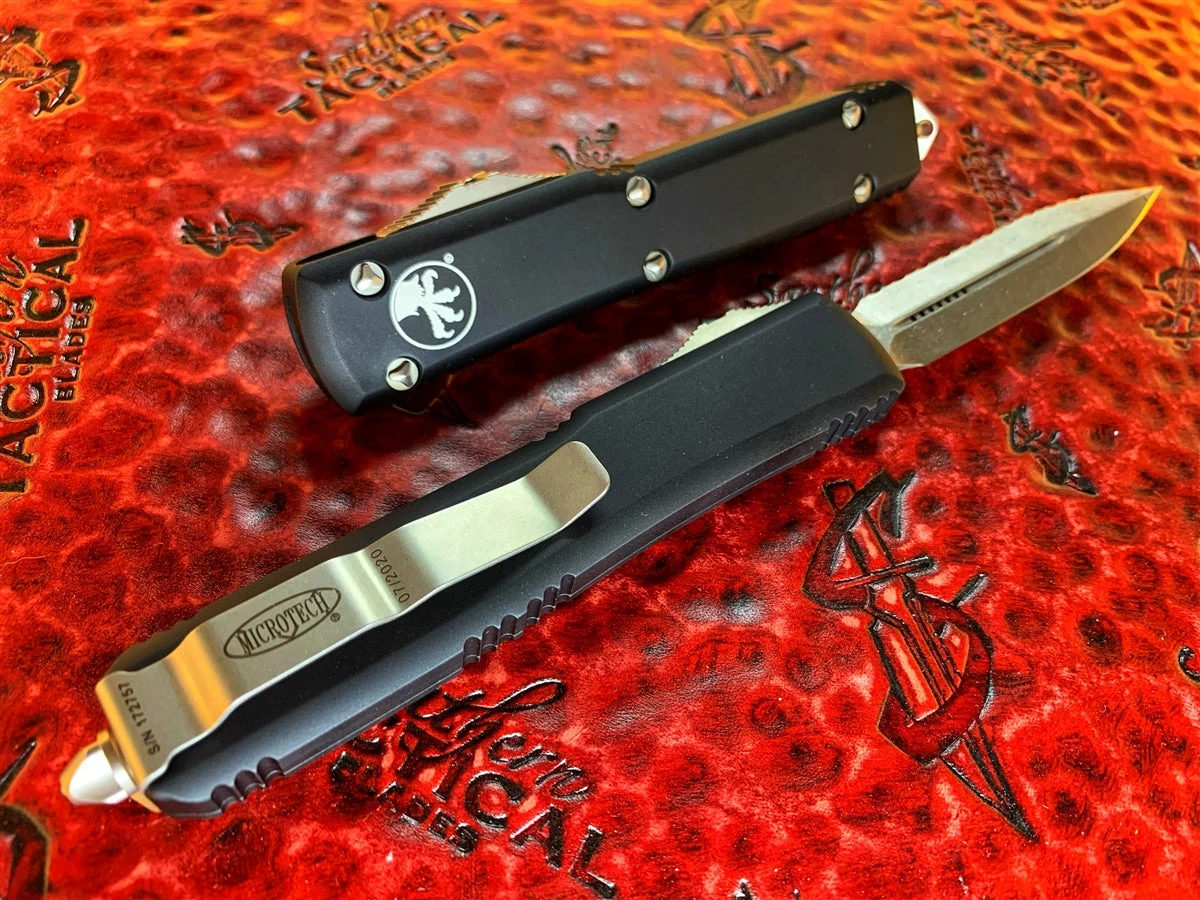 Microtech Ultratech OTF Automatic Knife Double Edge Full Serrated Stonewashed 2 Microtech Ultratech OTF Automatic Knife Double Edge Full Serrated Stonewashed - Image 2