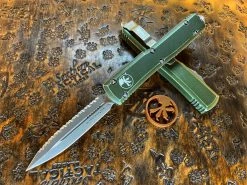 Microtech Ultratech Double Edge Full Serrated Apocalyptic Distressed OD Green