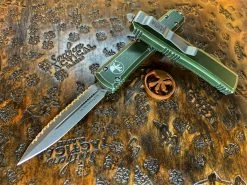 Microtech Ultratech Double Edge Full Serrated Apocalyptic Distressed OD Green -PrecisionBladesMicrotech MT122 12DOD 4