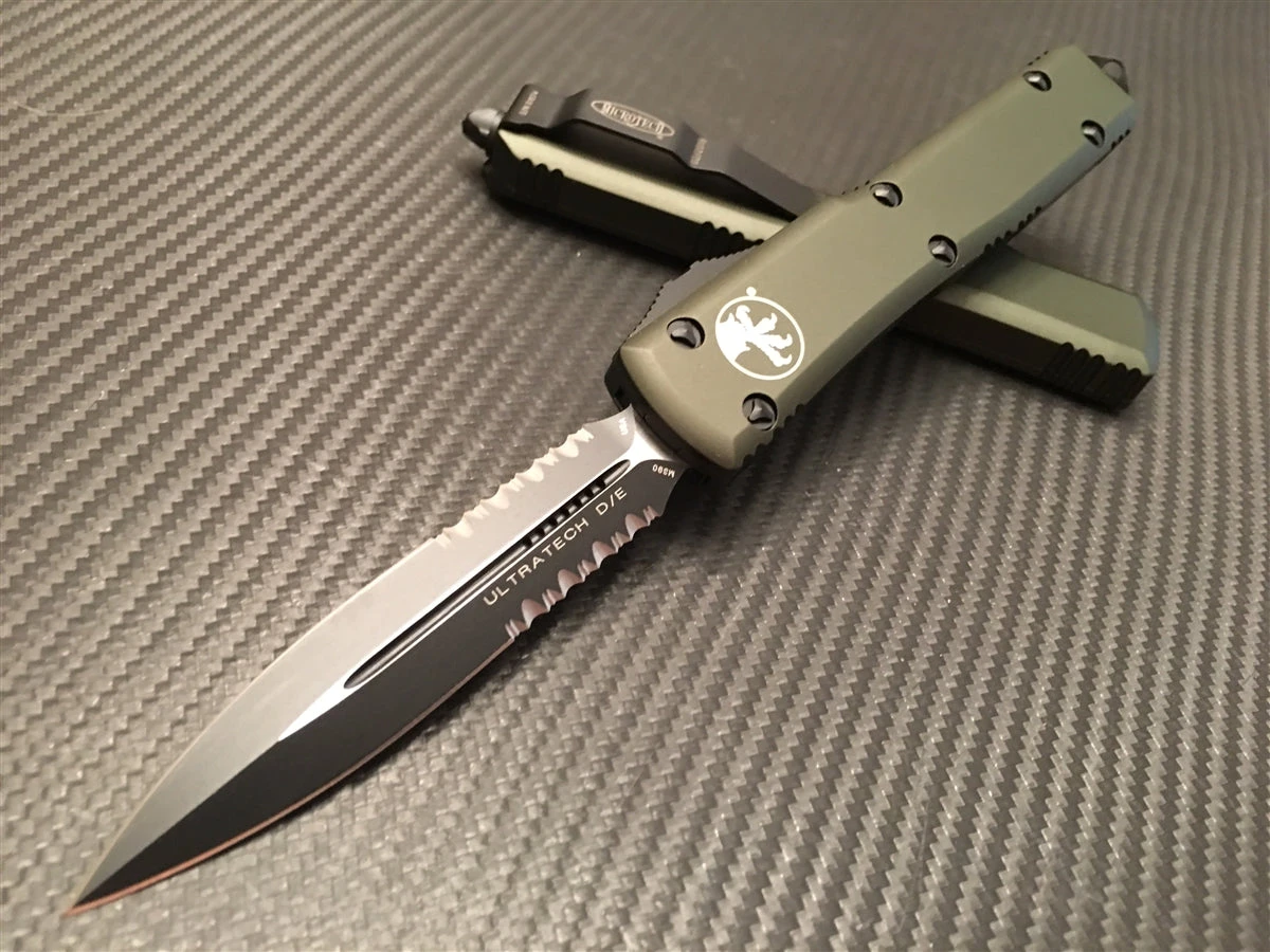 Microtech Ultratech Double Edge Part Serrated Black OD Green 1 Microtech Ultratech Double Edge Part Serrated Black OD Green