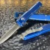 Microtech Ultratech OTF Automatic Knife - Double Edge Double Full Serrated Apocalyptic Distressed Blue