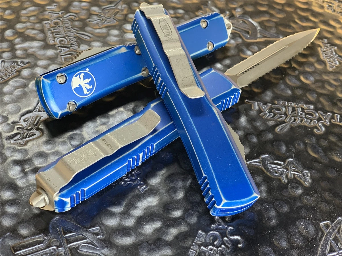 Microtech Ultratech OTF Automatic Knife - Double Edge Double Full Serrated Apocalyptic Distressed Blue 2 Microtech Ultratech OTF Automatic Knife - Double Edge Double Full Serrated Apocalyptic Distressed Blue - Image 2