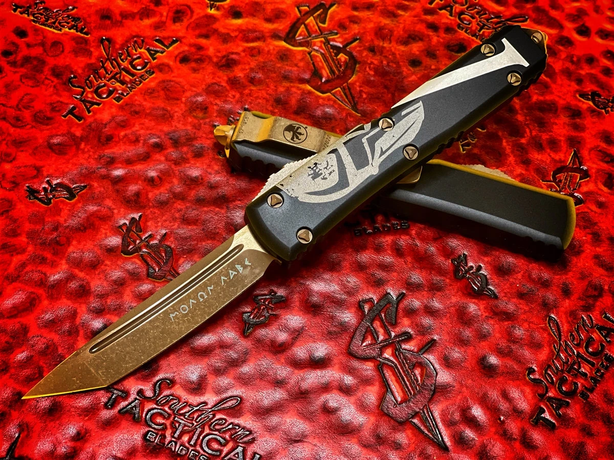 Microtech Ultratech OTF Automatic Knife Tanto Bronzed Apocalyptic Molon Labe Standard 2 Microtech Ultratech OTF Automatic Knife Tanto Bronzed Apocalyptic Molon Labe Standard - Image 2