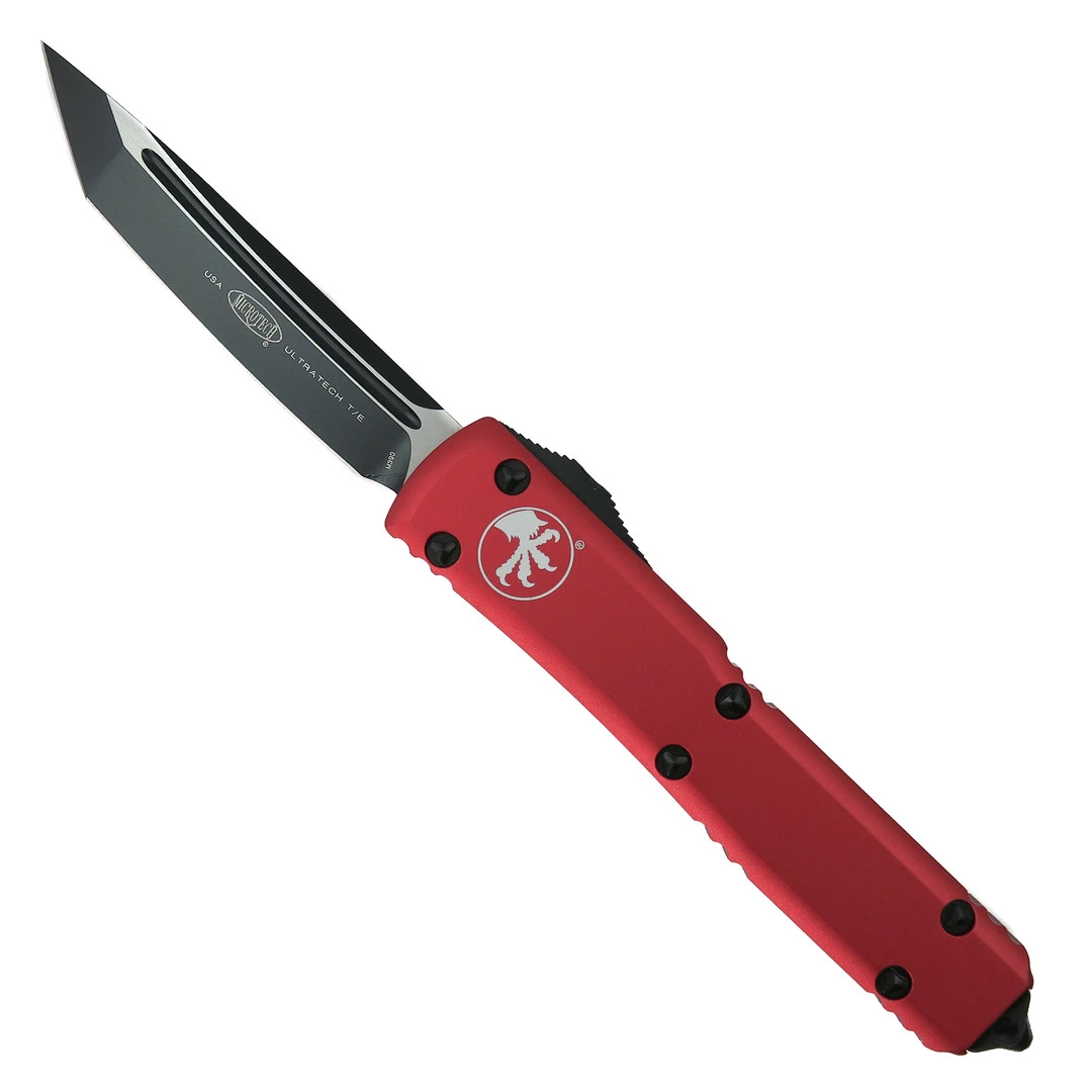 Microtech Red Contoured Ultratech OTF Auto Knife, Black Tanto Blade 1 Microtech Red Contoured Ultratech OTF Auto Knife, Black Tanto Blade