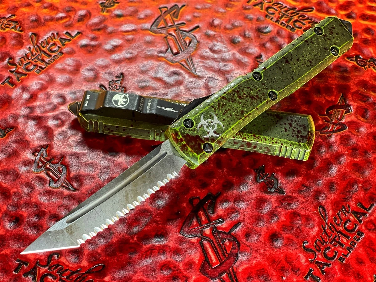Microtech Ultratech Tanto Full Serrated “OUTBREAK” Deep Engraved Signature Series 1 Microtech Ultratech Tanto Full Serrated “OUTBREAK” Deep Engraved Signature Series