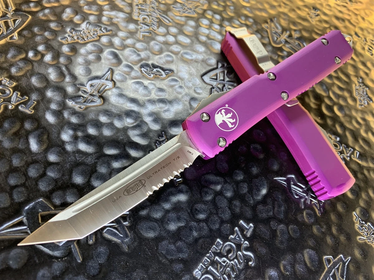 Microtech Ultratech Tanto Satin Part Serrated Violet 1 Microtech Ultratech Tanto Satin Part Serrated Violet
