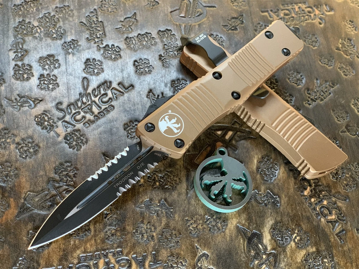 Microtech Troodon Double Edge Part Serrated Tan 1 Microtech Troodon Double Edge Part Serrated Tan