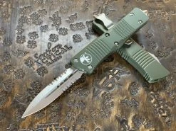 Microtech Troodon Double Edge Satin Part Serrated OD Green