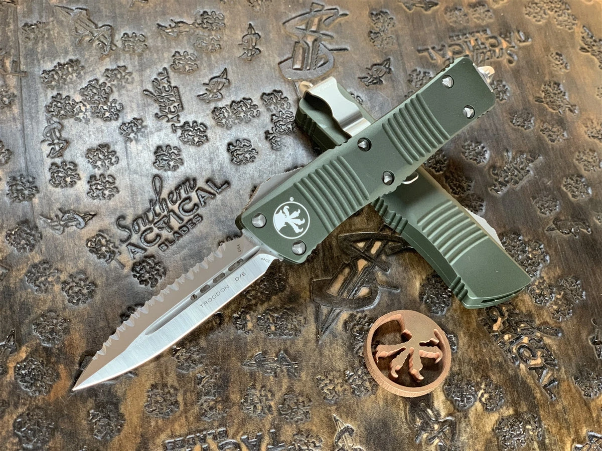 Microtech Troodon Double Edge Satin Full Serrated OD Green 1 Microtech Troodon Double Edge Satin Full Serrated OD Green