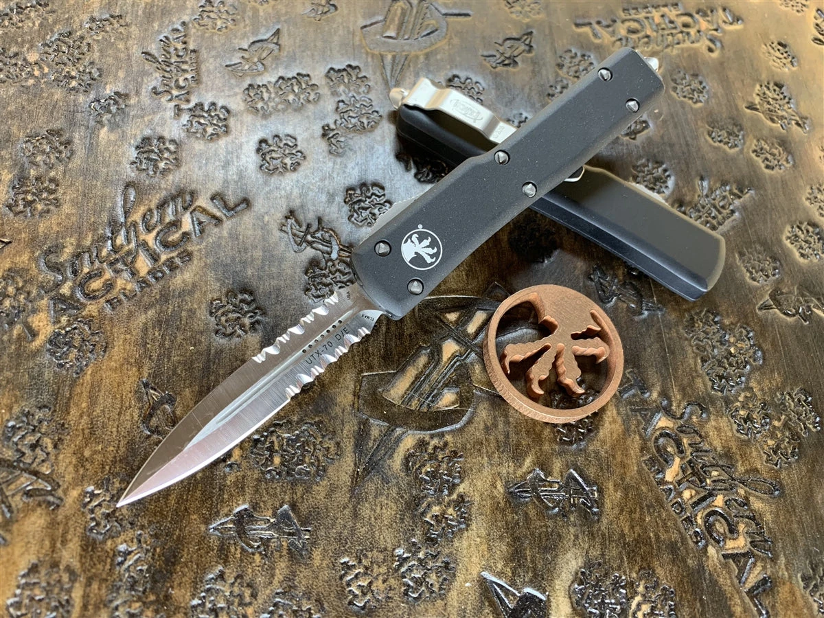 Microtech UTX-70 Double Edge Satin Part Serrated 1 Microtech UTX-70 Double Edge Satin Part Serrated
