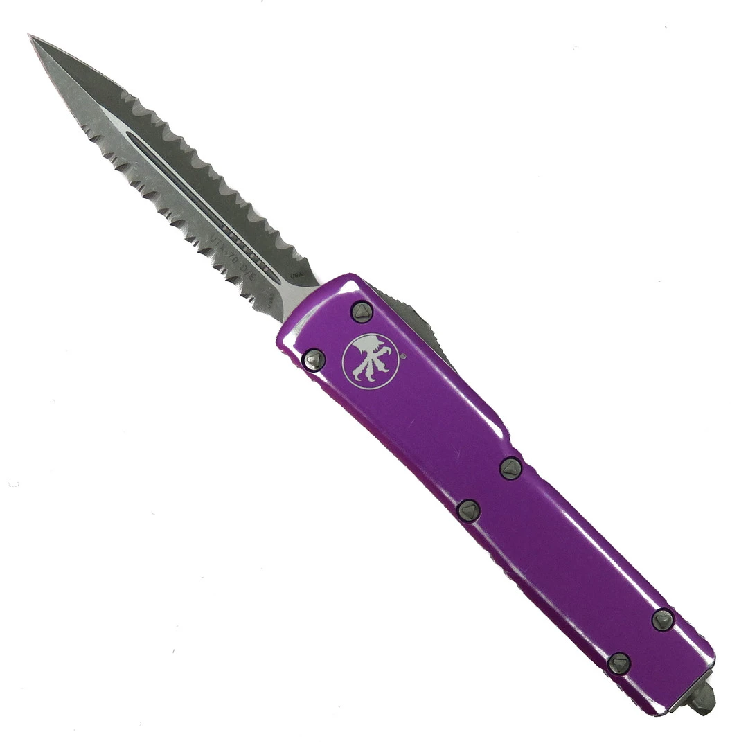 Microtech Distressed Violet UTX-70 OTF Auto Knife, Apocalyptic Double Full Serrated 1 Microtech Distressed Violet UTX-70 OTF Auto Knife, Apocalyptic Double Full Serrated