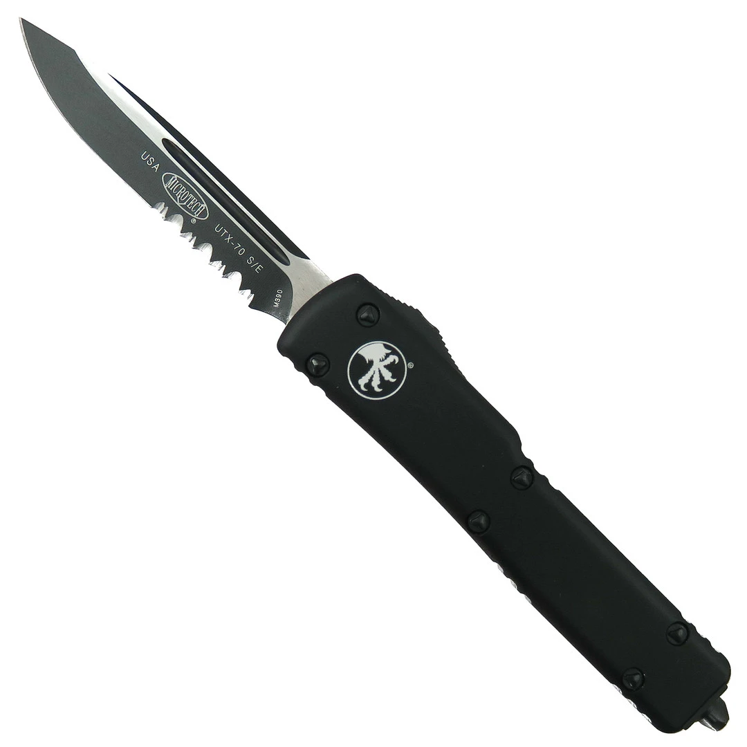 Microtech UTX70 OTF Knife, Black Drop Point Combo Blade 1 Microtech UTX70 OTF Knife, Black Drop Point Combo Blade
