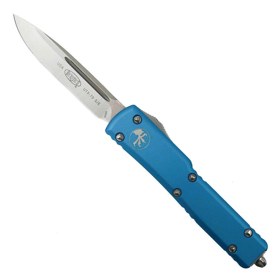 Microtech Turquoise Contoured UTX-70 OTF Auto Knife, Satin Drop Blade 1 Microtech Turquoise Contoured UTX-70 OTF Auto Knife, Satin Drop Blade