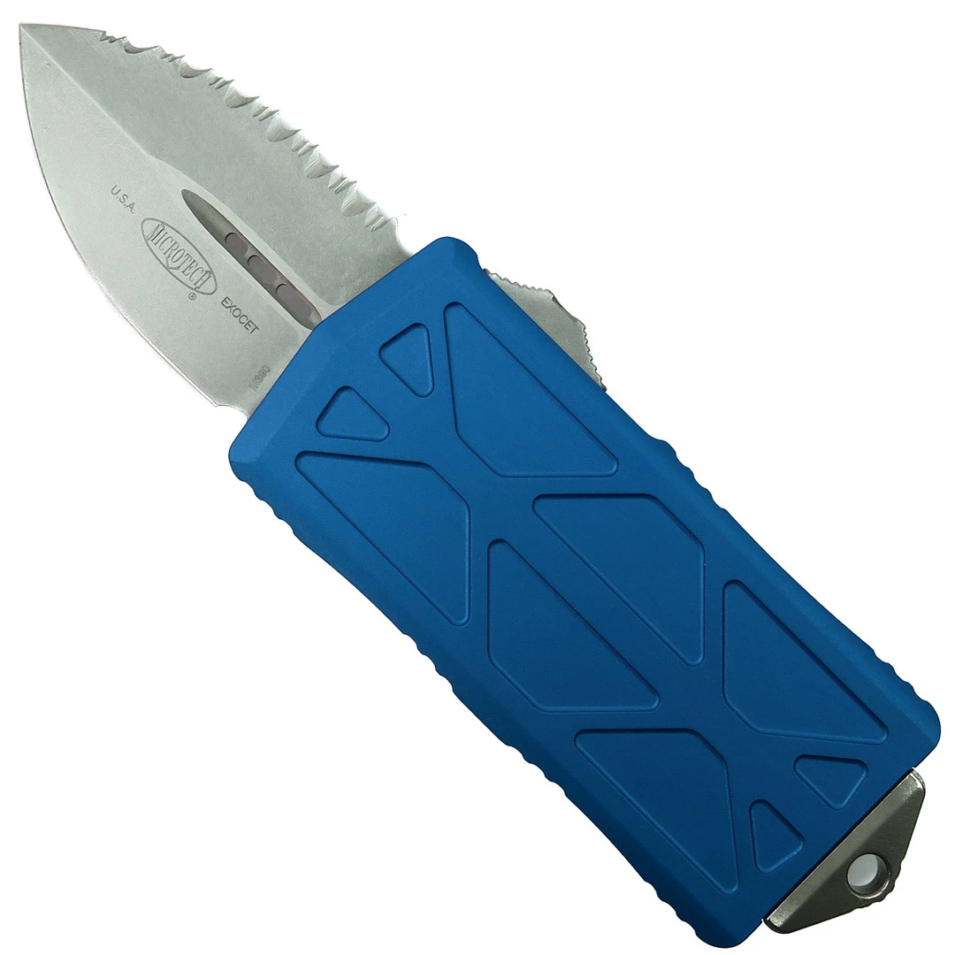 Microtech Blue Exocet OTF Auto Knife, Fully Serrated Dagger Blade 1 Microtech Blue Exocet OTF Auto Knife, Fully Serrated Dagger Blade