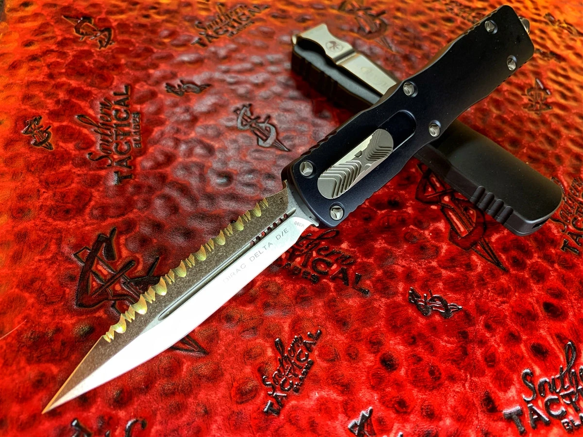 Microtech Dirac Delta Double Edge Stonewashed Full Serrated 1 Microtech Dirac Delta Double Edge Stonewashed Full Serrated