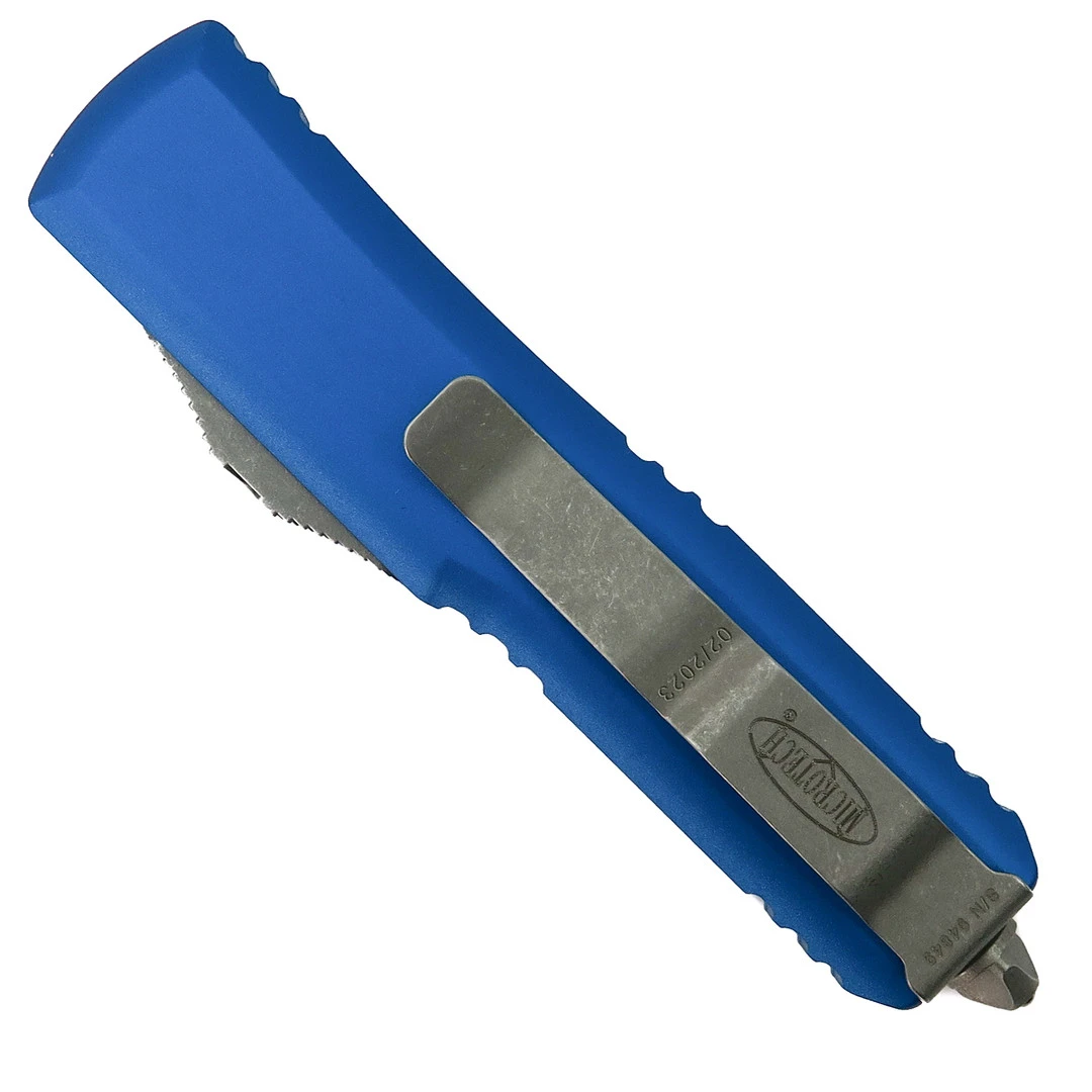 Microtech Blue UTX-85 OTF Auto Knife, Apocalyptic Stonewash Blade 2 Microtech Blue UTX-85 OTF Auto Knife, Apocalyptic Stonewash Blade - Image 2