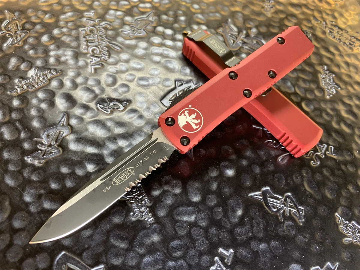 Microtech UTX85 Single Edge Part Serrated Red 1 Microtech UTX85 Single Edge Part Serrated Red