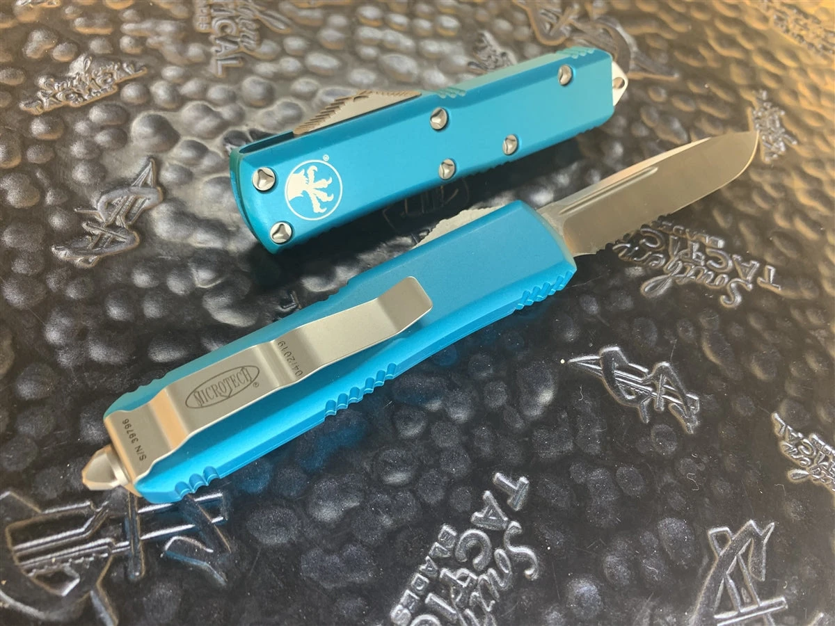 Microtech UTX-85 Single Edge Satin Part Serrated Turquoise 2 Microtech UTX-85 Single Edge Satin Part Serrated Turquoise - Image 2