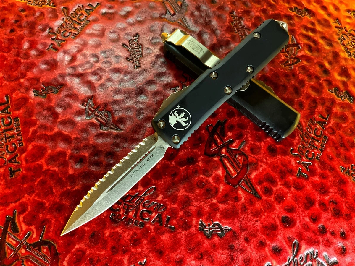 Microtech UTX85 Double Edge Stonewashed Full Serrated 1 Microtech UTX85 Double Edge Stonewashed Full Serrated