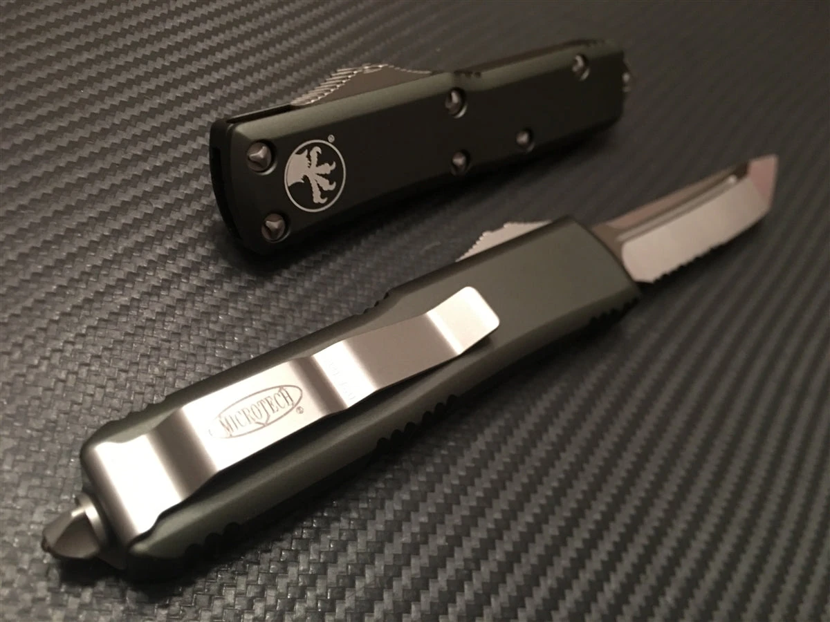 Microtech UTX85 Tanto Satin Part Serrated OD Green 2 Microtech UTX85 Tanto Satin Part Serrated OD Green - Image 2