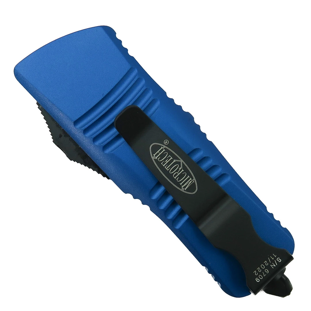 Microtech Blue Mini Troodon CA Legal OTF Auto Knife, Black Tanto Blade 2 Microtech Blue Mini Troodon CA Legal OTF Auto Knife, Black Tanto Blade - Image 2