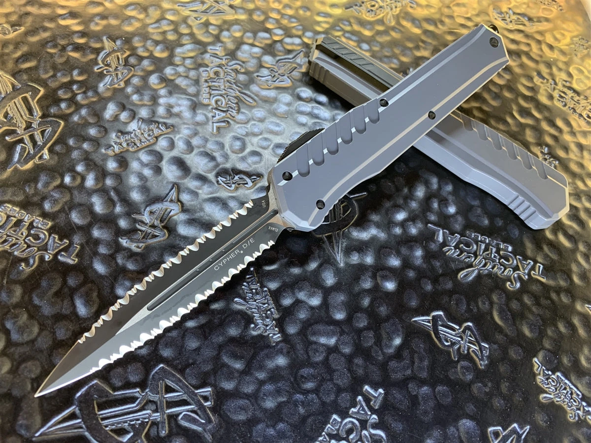 Microtech Cypher MK7 Double Edge Double Full Serrated Grey 1 Microtech Cypher MK7 Double Edge Double Full Serrated Grey