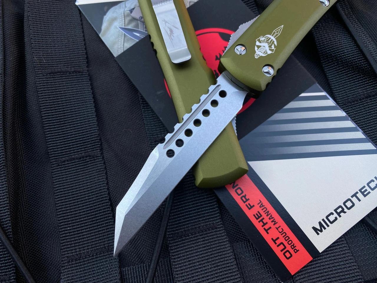 Microtech Ultratech Warhound OD Green Aluminum Body W/ Stonewashed Plain Edge Blade (3.4”) 119W-10ODS 2 Microtech Ultratech Warhound OD Green Aluminum Body W/ Stonewashed Plain Edge Blade (3.4”) 119W-10ODS - Image 2
