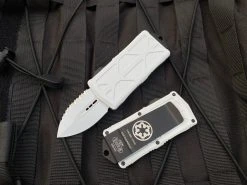 Microtech Exocet Stormtrooper D/E White Aluminum Body W/ White Full Serrated Blade (1.9β) 157-3ST