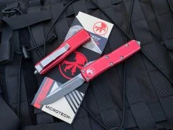 Microtech UTX-85 S/E Distressed Red Aluminum Body W/ Stonewashed Plain Edge Blade (3.1”) 231-10DRD