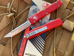 Microtech Ultratech T/E Red Aluminum Body W/ Stonewashed Full Serrated Blade (3.4β) 123-12RD