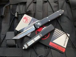 Microtech Ultratech T/E Black Aluminum Body W/ Full Serrated Satin Blade (3.4”) 123-6