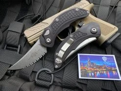 Microtech X Bastinelli Brachial Auto Folder Black Aluminum Body W/ Stonewashed Full Serrated Blade (3.25”) 268A-12