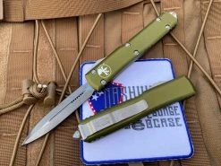 Microtech Ultratech D/E OD Green Aluminum Body W/ Apocalyptic Finished Plain Edge Blade (3.4”) 122-10APOD