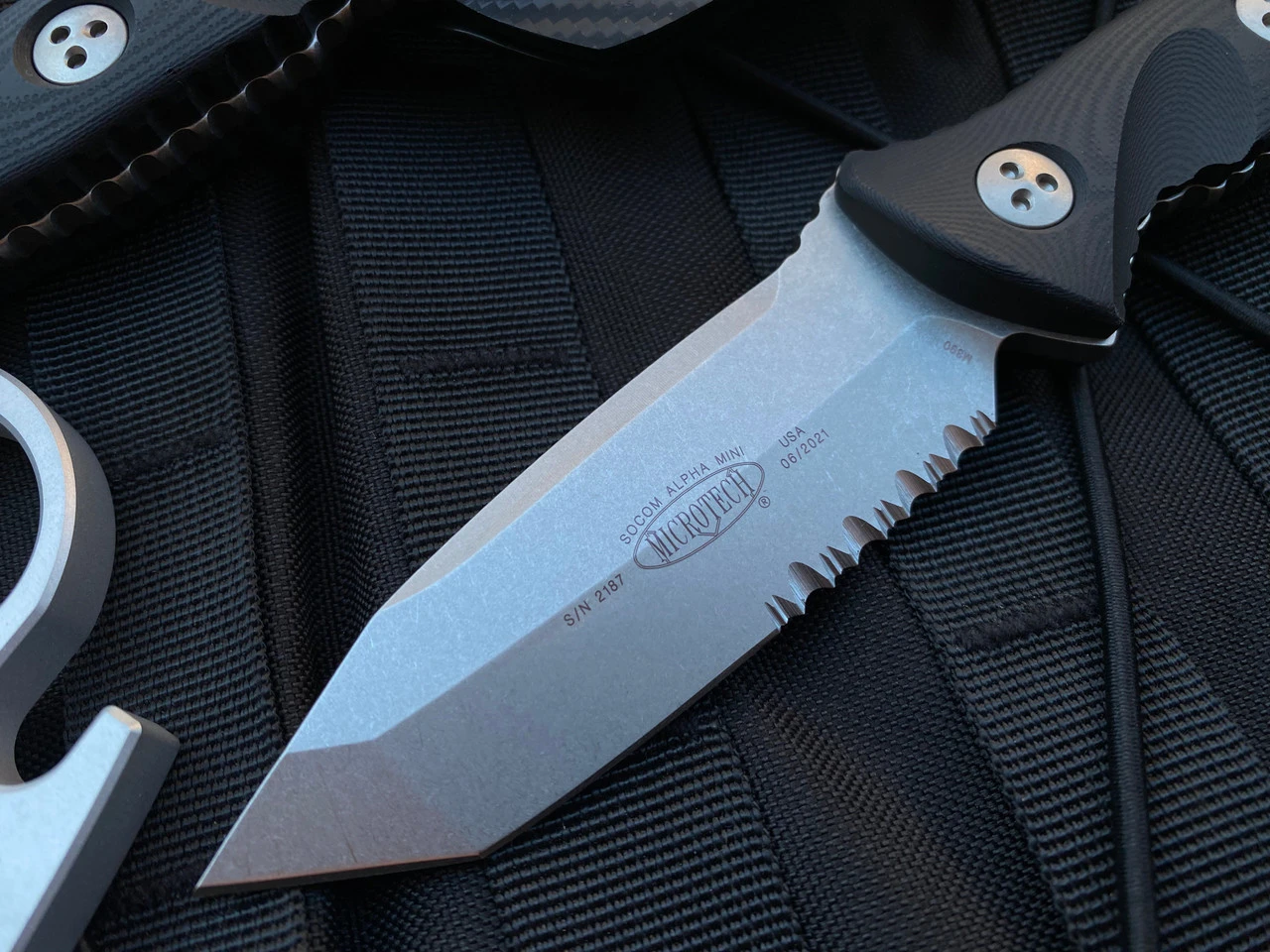 Microtech Socom Alpha Mini T/E Black G10 Scales W/ Stonewashed Tanto Partially Serrated Blade (3.72”) 114M-11 2 Microtech Socom Alpha Mini T/E Black G10 Scales W/ Stonewashed Tanto Partially Serrated Blade (3.72”) 114M-11 - Image 2