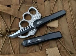 Microtech Ultratech Hellhound Tactical Black Aluminum Body W/ Two Tone Black Black Plain Edge Blade (3.35”) 119-1TS