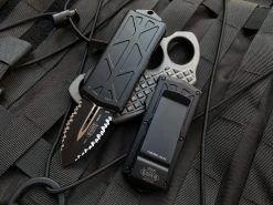 Microtech Exocet D/E Black Aluminum Body W/ Black Tactical Double Full Serrated Blade (1.9”) 157-D3T