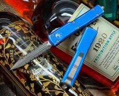 Microtech UTX-70 Double Edge Double Full Serrated Apocalyptic Distressed Blue