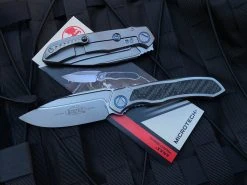 Microtech Anax S/E Folder Carbon Fiber Inlaid Titanium Integral Body W/ Blue Pivot Collar And Bead Blast Plain Edge Blade (3.69”) 190C-7CFITI