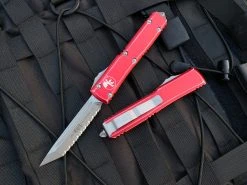 Microtech Ultratech T/E Distressed Red Aluminum Body W/ Apocalyptic Full Serrated Blade (3.4β) 123-12DRD