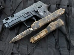 Microtech Ultratech D/E Coyote Camo Cerakote Aluminum Body W/ Coyote Camo Full Serrated Blade (3.44") 122-3CCS