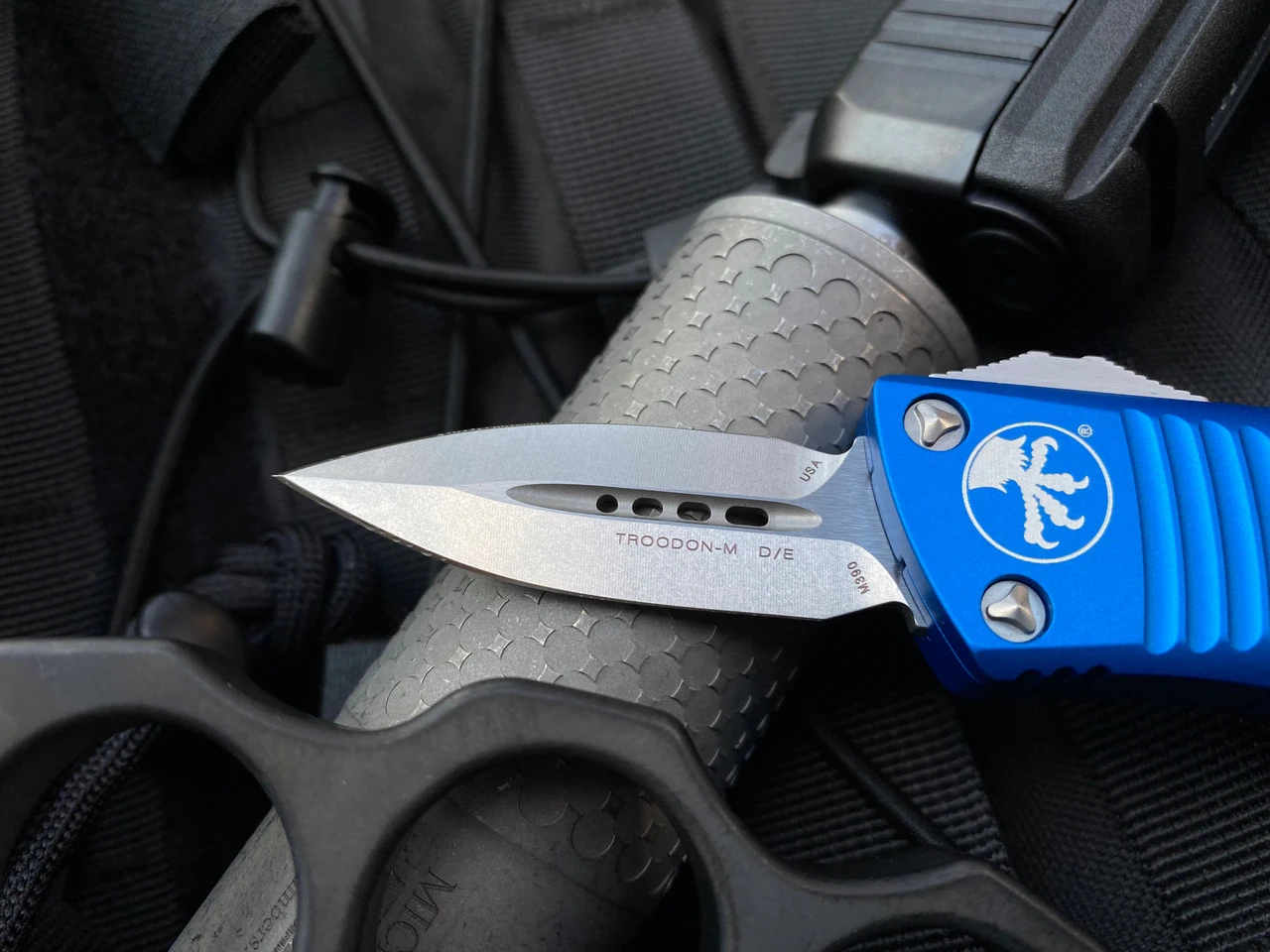 Microtech Mini Troodon D/E Blue Aluminum Body W/ Stonewashed Plain Edge Blade (1.99”) 238-10BL 3 Microtech Mini Troodon D/E Blue Aluminum Body W/ Stonewashed Plain Edge Blade (1.99”) 238-10BL - Image 3