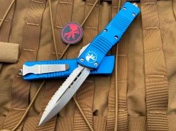 Microtech Combat Troodon D/E Blue Aluminum Body W/ Stonewashed Full Serrated Blade (3.81”) 142-12BL