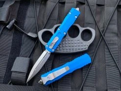 Microtech Dirac D/E Blue Aluminum Body W/ Stonewashed Plain Edge Blade (2.92”) 225-10BL